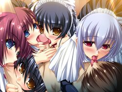 ahoge black_hair blue_eyes blush game_cg goshujinsama_daisuki hair_ornament hairclip kuu_spitfire long_hair maid maid_headdress multiple_girls murakumo_sakura necktie penis pink_eyes shishiouin_hime short_hair silver_hair yatsuha_kanan yellow_eyes