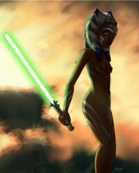 1girls 2010 ahsoka_tano alien alien_girl arm_tattoo blue_eyes clone_wars female female_only green_lightsaber jedi jedi_padawan leg_tattoo lightsaber naked nude orange_skin raikoh-illust solo standing star_wars tattoo tattoos text the_clone_wars:_season_one togruta