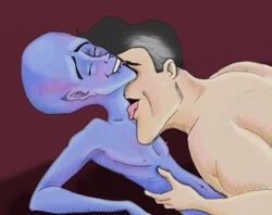 2boys alien alien_only biting_lip black_hair blue_skin closed_eyes dreamworks duo gay interspecies licking male male_only megamind megamind_(character) metro_man paramount_pictures tripperfunster yaoi