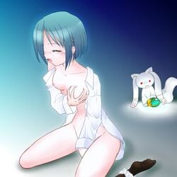 blue_hair blush bottomless breast_grab breasts groping kyuubee mahou_shoujo_madoka_magica masturbation miki_sayaka no_bra open_clothes open_shirt shirt short_hair soul_gem spoilers tear tihapitan