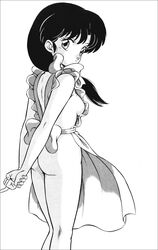 apron ass dark_hair female female_only human kasumi_tendo light_skin long_hair monochrome ranma_1/2 solo standing tagme takashi_taya white_background