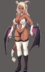 blonde_hair blush boots breasts choker cleavage dark-skinned_female dark_skin demon_girl erect_nipples female gloves high_heels highleg horns kongeraatio large_breasts lips long_hair navel pixiv_manga_sample pointy_ears red_eyes resized sad shiny shoes solo succubus tail white_legwear white_thighhighs wings