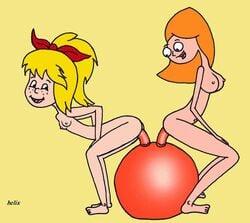 2girls animated bibi_blocksberg_(series) blonde_hair brigitte_blocksberg candace_flynn commission crossover disney female female_only helix human multiple_females multiple_girls nipples nude orange_hair original_character phineas_and_ferb riding sex_toy teenager what