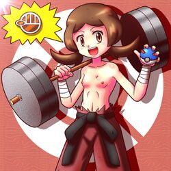 badge bandage barbell beige_skin black_belt breasts brown_eyes brown_hair casual_topless chuck_(pokemon) clothes color cosplay female female_only front_view great_ball gym_badge_(pokemon) gym_leader_(cosplay) hair holding holding_poke_ball human looking_at_viewer lyra_(pokemon) nipples open_eyes open_mouth pants poke_ball pokemon pokemon_hgss rorretsim small_breasts solo standing storm_badge topless topless_female weights