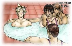 4boys blonde_hair brown_hair cloud_strife color facial_hair final_fantasy final_fantasy_vii gay hair hot_tub human male male_only mukki multiple_males water yaoi