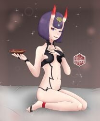 1girls bed demon_girl fate/grand_order fate_(series) female_only full_body horns nazosempai oni oni_horns purple_eyes purple_hair short_hair shuten_douji_(fate) small_breasts