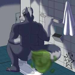 anthro ass bathroom canid canine canis clothing crouching digital_drawing_(artwork) digital_media_(artwork) eye_patch eyewear fafnir_stardust_(artist) fart fart_cloud feet footwear fur grey_body grey_fur hi_res humanoid_feet male male_only mammal multicolored_body multicolored_fur nintendo sandals solo squat_toilet squatting star_fox toilet two_tone_body two_tone_fur video_games wolf wolf_o'donnell