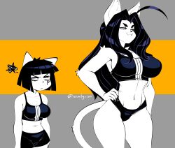 2023 2girls 5_fingers :3 ahoge annoyed anthro arm_tuft armpits bangs big_breasts black_hair black_nails blunt_bangs bottomwear bra breast_envy breast_size_difference breasts chest_tuft clothed clothing colored_nails domestic_cat duo elbow_tuft eye_of_horus felid feline felis female female_only fingers fur gym_bottomwear gym_clothing gym_shorts hair hand_on_hip height_difference hi_res inner_ear_fluff kamra_(sem-l-grim) katherine_(sem-l-grim) long_hair looking_at_another mammal medium_support_(meme) meme meme_clothing midriff nails navel sem-l-grim short_hair shorts shoulder_tuft sibling_(lore) signature simple_background sister_(lore) sisters_(lore) size_difference slouching smile smug smug_face sports_bra sports_panties standing tail thick_thighs tuft underwear white_body white_fur wide_hips