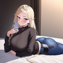 1girls ai_generated alborewimi ass belt big_ass big_butt black_shirt blonde_hair blush collar denim earrings elf elf_ears female holding_phone huge_breasts jeans laying_down long_hair long_sleeves looking_at_viewer nai_diffusion on_bed on_stomach phone round_ass round_butt seductive selfie solo stable_diffusion taut_shirt the_pose