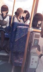 5girls benebare benevole black_hair brown_hair bus bus_interior closed_eyes exhibitionism faceless_female female female_only french_kiss hi_res highres human human_only kissing multiple_girls original public_transportation school_uniform schoolgirl seat sitting yuri べねばれ