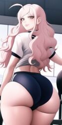 ahoge ai_generated ass bubble_butt danganronpa danganronpa_ultra_despair_girls gym gym_uniform hagakure_hiroko huge_ass looking_at_viewer looking_back midriff milf n.c.b_ai nai_diffusion pink_hair stable_diffusion