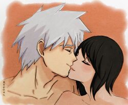 1boy1girl black_hair blush closed_eyes eyelashes female hatake_kakashi implied_sex kadonn kissing male male/female naked naruto naruto_(series) naruto_shippuden romantic romantic_couple shizune short_hair silver_hair smile straight unmasked upper_body