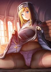 blonde_hair blue_eyes bow bow_panties breasts church cross crucifix embroidered_panties female flashing floral_print gibagiba indoors iya_na_kao_sare_nagara_opantsu_misete_moraitai large_breasts looking_at_viewer midriff navel nun original panties panties_under_pantyhose pantyhose spread_legs underwear