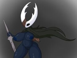 big_breasts black_body breasts cape cloak clothing female hollow_knight hollow_knight_(character) horn nipples poraka7 solo team_cherry vessel_(species) weapon