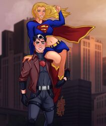 1boy 1girls bare_midriff bare_thighs batman_(series) blonde_female blonde_hair blue_eyes cape carrying_over_shoulder dc dc_comics female flexing jason_todd kara_danvers kara_zor-el male miniskirt on_shoulders red_hood_(dc) short_skirt sitting_on_shoulders supergirl supergirl_(fury_of_apokolips) supergirl_(series) superheroine