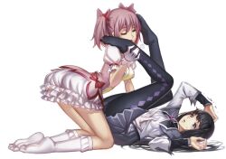 10s 2girls akemi_homura argyle argyle_legwear black_hair black_hairband black_pantyhose blush breath closed_eyes feet foot_on_head foot_worship frilled_socks gloves hair_ribbon hairband heavy_breathing highres kneehighs licking licking_foot long_hair madoka_kaname magical_girl mahou_shoujo_madoka_magica multiple_girls no_shoes panties panties_under_pantyhose pantyhose pink_hair pleated_skirt purple_eyes ribbon short_hair short_twintails simple_background skirt socks streamingsun sweatdrop toes trembling twintails underwear white_background white_gloves white_legwear white_socks young younger_female yuri