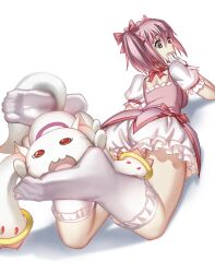 10s :3 ass back bangs bow bubble_skirt choker feet feet_on_face female foot_fetish foot_on_head frills from_below full_body hairbow head_rest highres jewelry kneehighs kyuubee legs legs_up lying madoka_kaname magical_girl mahou_shoujo_madoka_magica no_shoes on_stomach pink_bow pink_eyes pink_hair pink_ribbon puffy_short_sleeves puffy_sleeves ribbon ring short_sleeves simple_background skirt smile socks soles streamingsun toes twintails white_background white_panties white_socks young