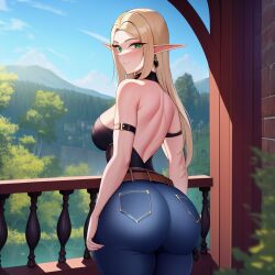 1girls ai_generated alborewimi ass balcony bare_back bare_shoulders belt big_ass big_butt blonde_hair collar denim earrings elf elf_ears female from_behind green_eyes jeans levanta_cola_jeans looking_at_viewer mature_female nai_diffusion outdoors pockets pointy_ears round_ass round_butt smiling_at_viewer solo stable_diffusion standing thick_ass tube_top