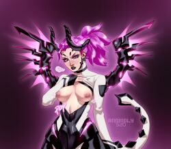 angela_ziegler anomoly520 armor blush breasts flashing flashing_breasts imp_mercy light_blush mechanical_wings mercy mostly_clothed overwatch ponytail tail