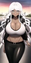 ai_generated belt biker brown_skin cleavage danganronpa danganronpa:_trigger_happy_havoc grey_eyes huge_breasts jacket latex leather leather_pants midriff n.c.b_ai nai_diffusion oogami_sakura road stable_diffusion straps sunset thong_straps white_hair