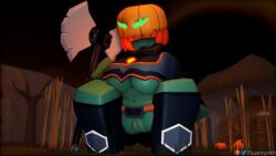 3d axe belt big_breasts female green_skin jaxe lowres orange_hair pectorals pumpkin pussy roblox roblox_game robloxian rule_63 rusmynth solo tagme tower_defense_simulator