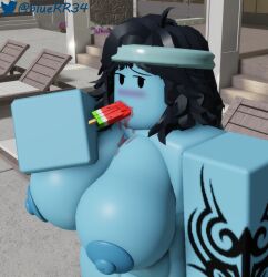 3d big_breasts black_eyes black_hair blue_skin bluerr34 completely_nude female female_only headband long_hair mob_face original_character poolside roblox robloxian self_upload shiram tagme tattoo tattooed_arm twitter_username