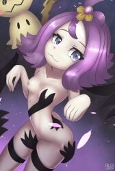 1girls acerola_(pokemon) breasts eyelashes female groping looking_at_viewer mimikyu nipples nude pokemon pokemon_sm purple_eyes purple_hair rilex_lenov smile