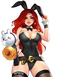 1girls aqua_eyes artist_logo artist_signature blushypixy blushyspicy bunny_ears bunnysuit clothed daytime eyelashes female female_focus female_only hartman_hips hips hourglass_figure human implied_male league_of_legends legwear long_hair looking_at_viewer looking_down mammal miss_fortune pointing_gun red_hair smile solo solo_female standing stockings thick_thighs thunder_thighs thunderthighs uncensored url viewed_from_below white_background wide_hips