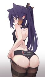 1girls ass ass_focus back back_view backless_outfit black_panties blue_eyes bubble_butt female hololive hololive_english hololive_myth koahri large_ass light-skinned_female light_skin long_hair ninomae_ina'nis panties pantyhose petite petite_body pointy_ears purple_hair slim_body slim_waist text text_on_clothing virtual_youtuber