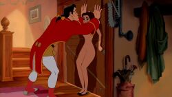 beauty_and_the_beast belle black_hair brown_eyes brown_hair bulge bulge_through_clothing champelli closed_eyes cornered disney disney_princess disney_villains dominant_male fully_clothed fully_clothed_male gaston girl imminent_rape imminent_sex lips_puckered male naked naked_female princess pussy scared scared_expression screenshot screenshot_edit submissive_female tears tears_in_eyes teenager thick_thighs