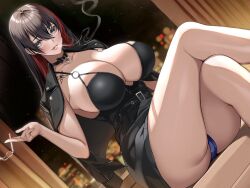 2022 alternate_breast_size big_breasts black_dress black_hair bulging_breasts high_resolution highres long_hair looking_at_viewer original original_character pantyshot pantyshot_(sitting) smoking takoneru