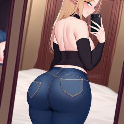 1girls ai_generated alborewimi ass bare_shoulders bedroom big_ass big_butt black_sleeves blonde_hair collar denim elbow_sleeves elf elf_ears female from_behind green_eyes holding_phone jeans levanta_cola_jeans looking_at_viewer mirror mirror_selfie nai_diffusion naughty_face phone pockets pointy_ears round_ass round_butt seductive_smile selfie smile solo stable_diffusion thick_ass