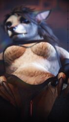 2022 3d_(artwork) 3dsmax 4k 9:16 absurd_res anthro black_hair black_nose blizzard_entertainment blue_eyes bottomwear breasts brown_body brown_fur canid clothing clothing_aside depth_of_field destiney_crawford_(thatworgen) digital_media_(artwork) female fur genitals hair hi_res looking_at_viewer low-angle_view mammal panties panties_aside pussy solo text thatworgen topwear underwear underwear_aside url video_games warcraft watermark were werecanid worgen