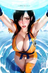 1girls ai_generated big_breasts black_hair cleavage curvy_figure dragon_ball dragon_ball_super dragon_ball_z erect_nipples erect_nipples_under_clothes high_resolution highres long_hair looking_at_viewer nai_diffusion nipples_visible_through_clothing oppaissance son_goku_(cosplay) stable_diffusion tagme thigh_gap