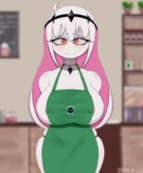 1girls al0n_x apron big_breasts blush coffee_shop collar female friday_night_funkin friday_night_funkin_mod hands_behind_back iced_latte_with_breast_milk lactation lactation_through_clothes looking_at_viewer meme necklace nikusa_(sugarratio) nipple_bulge smile starbucks thigh_squish watermark wide_hips