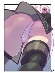 1girls android ass ass_focus dat_ass highres kajin_(kajinman) kajinman leotard looking_at_viewer nier:_automata nier_(series) panties solo solo_female viewed_from_below white_background white_hair white_panties yorha_2b