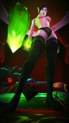 1girls 3d black_hair blizzard_entertainment blood_elf bombowykurczak green_eyes keealle_blackbinder light-skinned_female light_skin original_character solo stockings warcraft world_of_warcraft