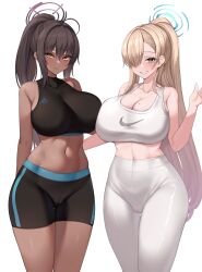 2girls absurd_res asuna_(blue_archive) black_hair blonde_hair blue_archive blue_eyes booty_shorts breasts brown_skin chocolate_and_vanilla dark-skinned_female dark_skin female hair_over_one_eye hips huge_breasts karin_(blue_archive) kuavera light-skinned_female light_skin long_hair massive_breasts short_shorts shorts sports_bra sportswear thick_thighs thighs wide_hips yellow_eyes yoga_pants