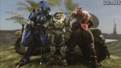 1boy 2girls 3d alien alien_girl armor ass bodysuit breasts female female_sangheili halo_(series) hands_on_ass helmet larger_female male niki3d sangheili spartan_(halo) thick_ass_monster thick_thighs