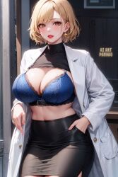 1girls ai_art_panwho ai_generated blonde_hair breasts cleavage female hi_res huge_breasts light-skinned_female light_skin original original_character short_hair stable_diffusion thick_thighs thighs