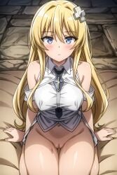 ai_generated alice_kisaragi bare_shoulders blonde_hair blue_eyes blush bottomless breasts combatants_will_be_dispatched! edosynf female hair_ornament highres long_hair looking_at_viewer necktie pussy shirt sitting solo white_shirt