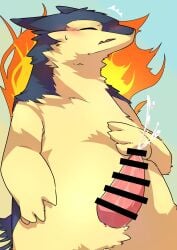 anthro blush bodily_fluids censor_bar censored cum ejaculation fire fur generation_2_pokemon genital_fluids genitals hi_res male mame02550912 nintendo penis pokémon_(species) pokemon pokemon_(species) simple_background solo sweat sweatdrop tan_body tan_fur typhlosion video_games