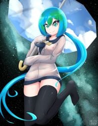 aqua_eyes blue_hair breasts clothing earth-chan eyelashes green_hair hair original rilex_lenov sky small_breasts smile socks space thighhighs transparent_clothing umbrella zettai_ryouiki