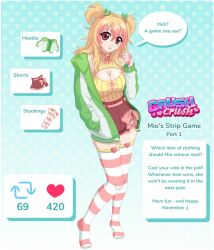 1girls 420_(number) 69_(number) blonde_hair breasts cleavage copyright_logo crush_crush dialogue english_text eyebrows_visible_through_hair female female_only green_hoodie hoodie light-skinned_female light_skin mio_(crush_crush) official_art red_eyes ribbon_on_shorts sad_panda_studios shorts solo solo_female stockings strip_game striped_armwear striped_legwear striped_stockings sweater text twintails yellow_shirt yellow_sweater