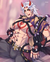 1boy abs arataki_itto bara clothed clothed_male clothes clothing genshin_impact ignoet licking_lips looking_at_viewer male male_only muscles muscular muscular_male muscular_only oni oni_horns solo solo_male white_hair