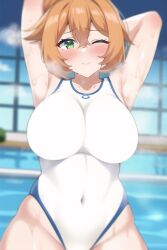 ai_generated blush breasts clothing competition_swimsuit cowboy_shot curvaceous female female_only game_freak green_eyes hips huge_breasts jacket kasumi_(pokemon) large_breasts legs misty_(pokemon_hgss) nai_diffusion navel nintendo nipples one-piece_swimsuit open_clothes open_jacket orange_hair pokemon pokemon_(game) pokemon_gsc pokemon_hgss pool smile solo stable_diffusion standing swimsuit tank_suit thick_thighs thighs water white_swimsuit wide_hips