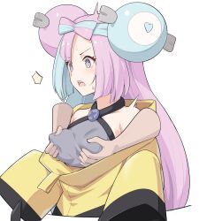 1girls blue_hair blush breast_grab breast_grab_from_behind breast_squeeze breasts female grope_from_behind groping heart-shaped_pupils human human_only iono_(pokemon) jacket open_mouth pink_hair pokemon pokemon_sv sharp_teeth shiseki_hirame small_breasts solo surprised sweatdrop yellow_jacket