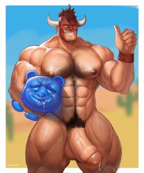 abs absurd_res absurdres bara big_muscles big_penis body_hair burrito_bison burrito_bison_launcha_libre cum cum_in_mouth gay hair hi_res highres horns luchador luchador_mask male male_only masculine mask masked muscle muscles nipples pecs penis pre_cum pubic_hair smile thumbs_up uncut waympo