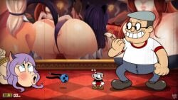 androjuniarto anus ass big_ass cat_ears catgirl cuphead cuphead_(game) fake_screenshot male multiple_girls