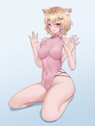 1girl animal_ear_fluff animal_ears bangs bare_legs bare_shoulders barefoot blonde_hair blush breasts cat_ears cat_tail catgirl covered_navel covered_nipples face_markings full_body hair_ornament hairclip hands_up highleg highleg_leotard kneeling large_breasts leotard looking_at_viewer medium_breasts open_mouth orange_eyes pink_leotard pink_swimsuit red_eyes ribbed_leotard short_hair smile solo squchan_(vtuber) striped thighs virtual_youtuber vtuber vyugen wonnikon